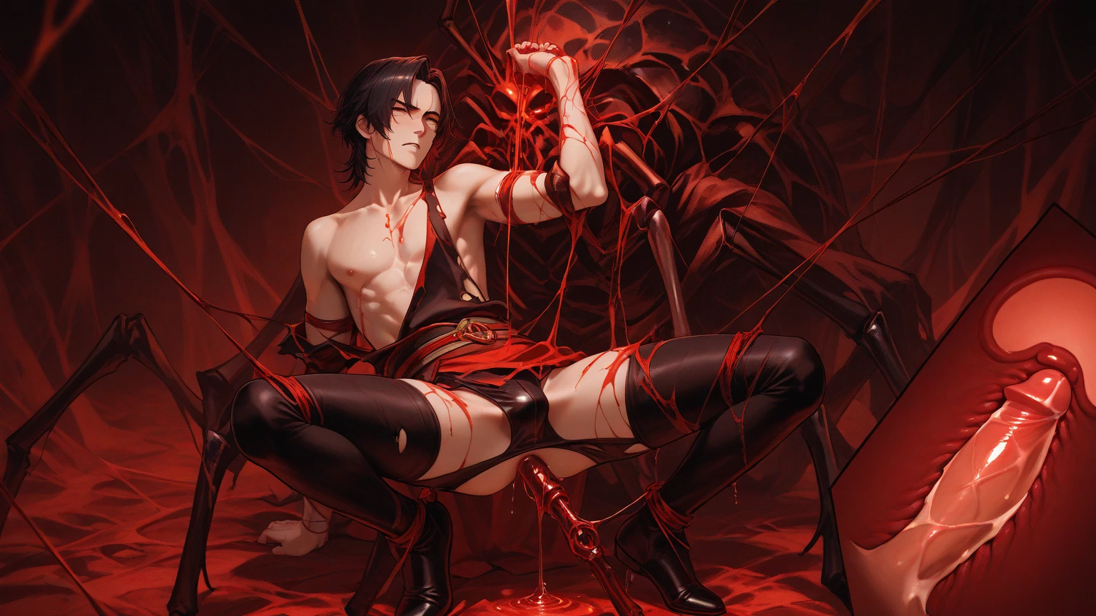 Focus on the man. The men hold the other men down while he is raped. He has short black hair and red eyes. His face has an expression of either ??????? or despair. Or a face full of anticipation with blushing cheeks. He has an obscene red tattoo on his stomach. Milk is leaking from my nipples. He is wearing black gloves. His clothes are half pulled and torn. The black clothes around his ?????? came off. Another man's finger is inserted into his ????. The men held the other men down and raped him. With the dick still in the ????.