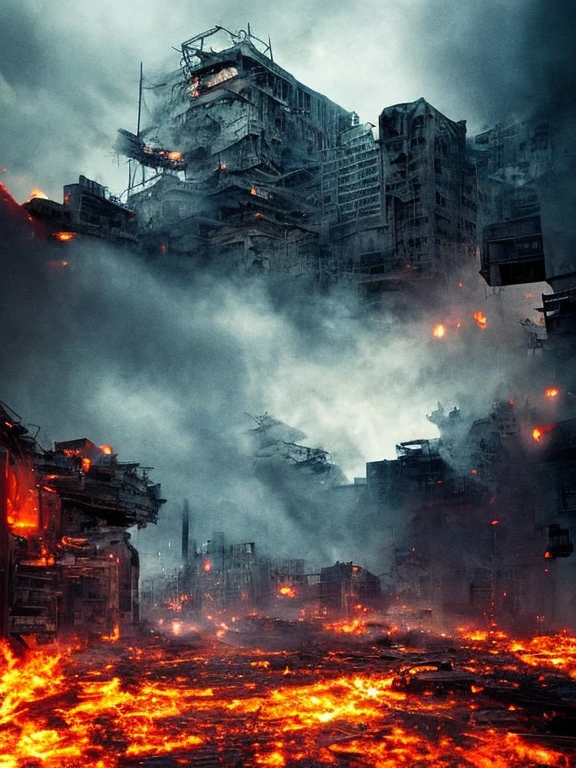 A burning and destroyed city, chaos, destruction, devastation, post-apocalyptic, dark and gritty, dystopian, cinematic, highly detailed, photorealistic, epic, dramatic lighting, volumetric fog, dynamic camera angle, debris, rubble, smoke, fire, explosions, abandoned buildings, crumbling infrastructure, desolate, hopeless, bleak, muted color palette, cool tones, cinematic composition