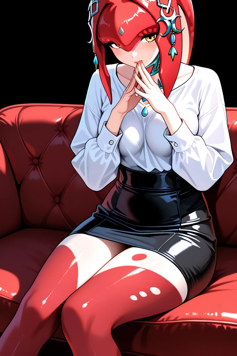 ((Highest quality)), ((masterpiece)), (Familiar), Hazy, Female,Mature Woman,Purple Hair, short hair, Low Ponytail, eye shadow, lipstick, Red eyes,Red suit shirt,Large Breasts,Erect nipples,I can see her cleavage,Red and black jacket, White tight skirt,Red Heels