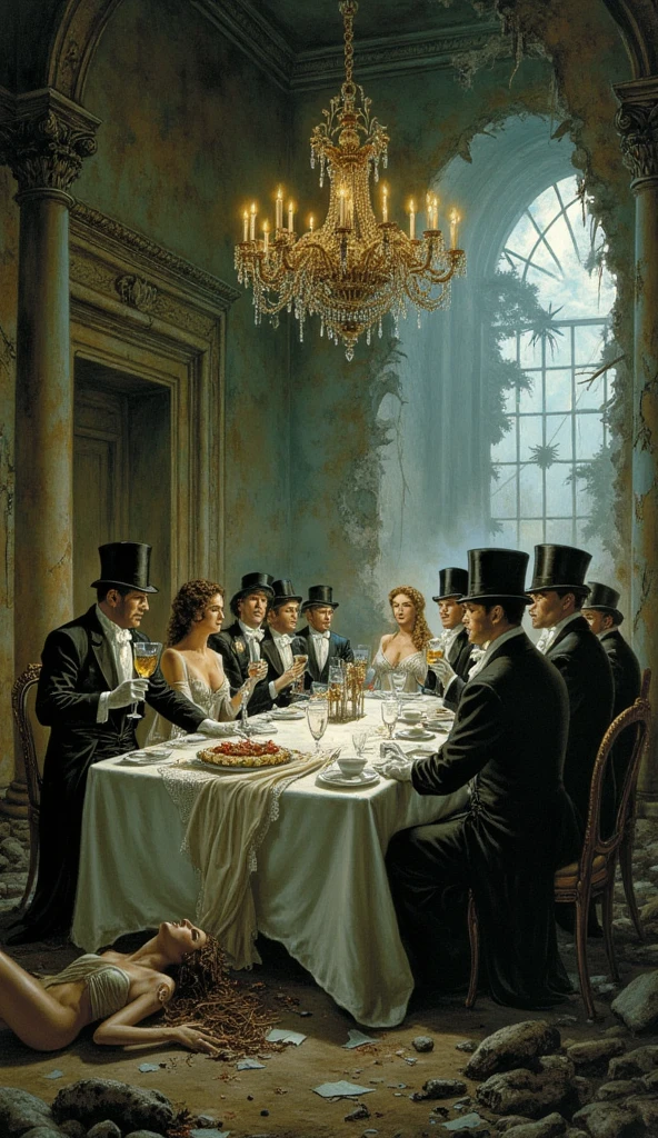 1930s party, rich people talking by the table and drinking and smoking