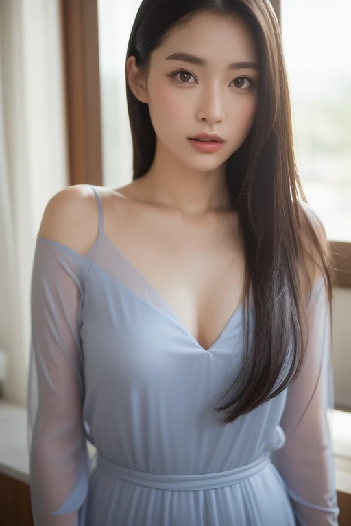 masterpiece, Best Quality, 8K, 20 yo, huge breasts, cuddly, Solo, sad, Cute, Girly, Delicate girl, Neat and clean beauty,  Raw photo, Professional Photography, Portrait, Soft light, Professional Lighting, Back lighting, Upper body, front view, Sophisticated, Film grain, (Eyes and faces with detailed:1.0), short length floating hair, beautiful flowing hair, bangs, Nightgown