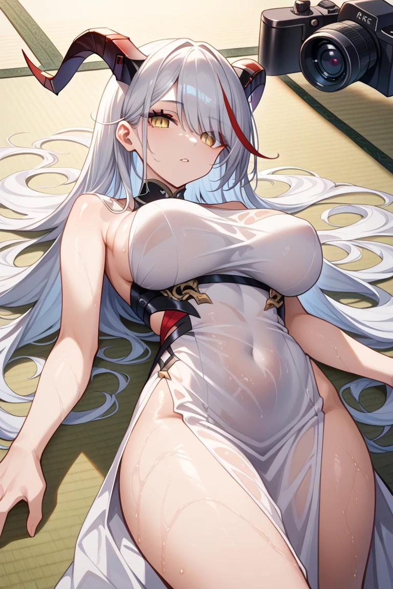 masterpiece, best quality, beautiful art, high resolution, well formed hands, body and fingers, 1 woman, solo, Ningguang, adult, grown up, big breasted, cleavage, full body, wearing a Iroha Samurai Shodown outfit, hair ornament, gorgeous legs and thighs, maid, sexy Japanese clothes, pelvic curtain, black stockings, leotard peeking, sleeveless, ryona , in peril, , defeated , knocked out, passed out, unconscious, closed eyes, laying down on the sand, exposed extended body, bouncing breasts, sexy defeated pose, sexy smirk on her face, showing vulnerability and helplessness, defeat  and KO scene, martial arts tournament on the beach 