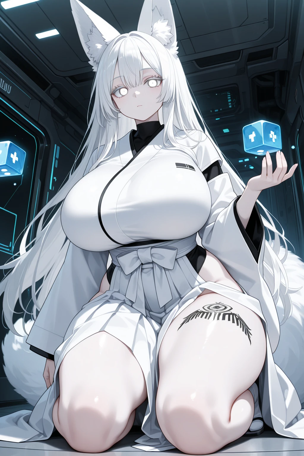 masterpiece , best quality , 1 sexy girl , (1 goose:1.2) , lab coat, doctor's white robe , (covered nipples:0.9) , (gigantic tits:1.2) , (thick arm:1.1) , thick thigh , gigantic hip , (white hair:1.1) , (plump:1.1) , surrounded by sci-fi machinery and monitor , (black glasses:1.1) , (evil smile:1.1) , (holding red crystal:1.2) ,