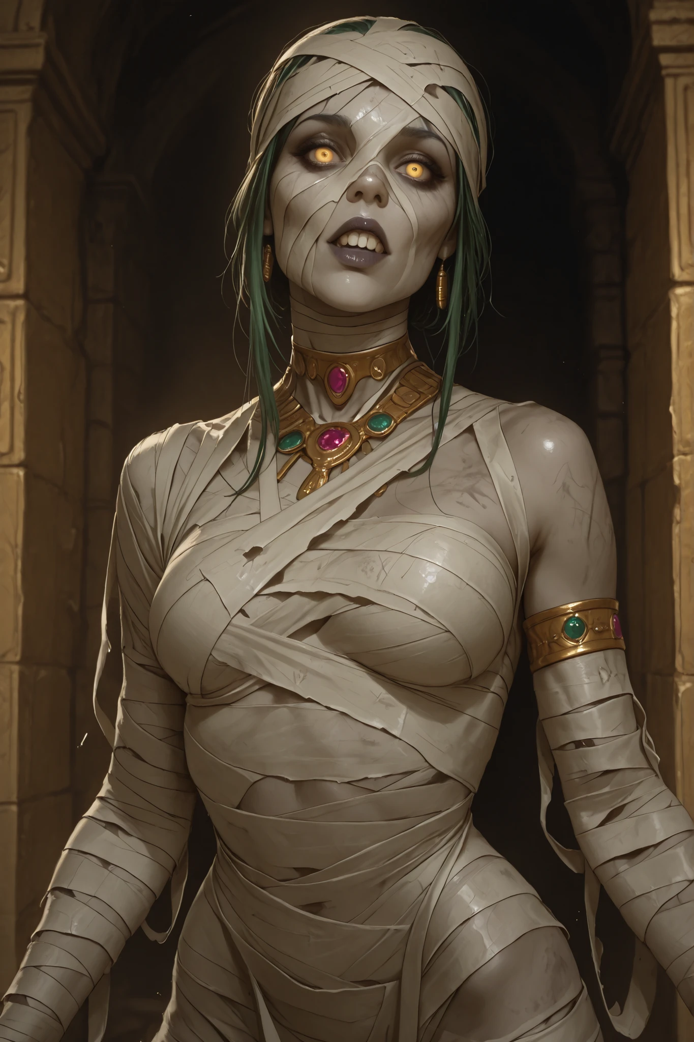 A hyperrealistic digital illustration of a female pharaoh's mummy, with pale, rotten skin and yellow eyes. Her body is wrapped in bandages that unravel in certain places. She looks terrifying yet sexy, adorned with gold and diamond jewelry.

Her poses are dynamic, contorted, and the angles are dynamic. The style is somewhat dark fantasy. The background is a dark emerald color.