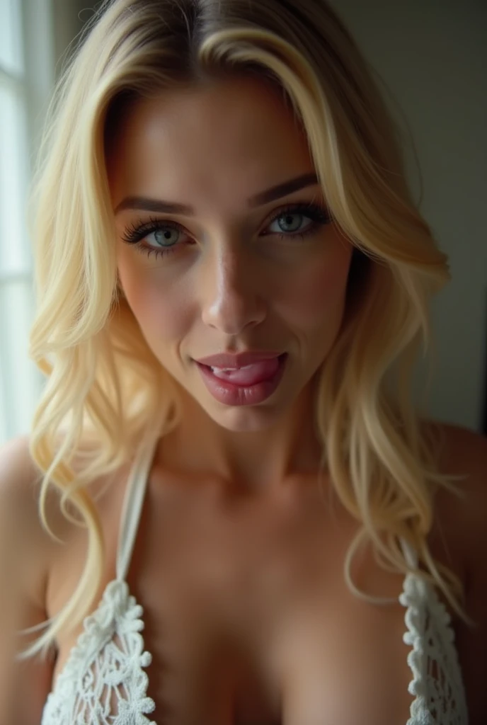 ((Best quality, 8k, Masterpiece :1.3)), Sharp focus :1.2, perfect figure beautiful woman:1.4, Slim abs:1.2, ((Blonde hair, huge tit:1.2)), (Natural light, City street:1.1), Highly detailed facial and skin texture,Detailed eyes,double eyelid,(((dynamic angle))),Translucent pink underwear,Tong,,Full body photo, Bathroom scene,elevation photo,show tits,nude,blow job