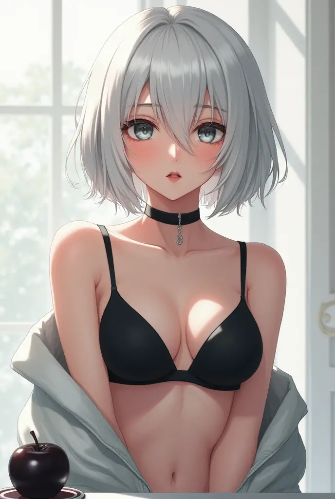 masutepiece high-level image quality Top image quality 8K Lady(Soio) Portrait white long glovelan gloves)) white panty hose((blanche)) highleg((Tube Top)blanche)) gargantilha lead Wolf ears shorth hair((short-cut)(White hair)(perm)(fluffly)) Eye color is blue astonished face((perplexed)(Red cheeks))