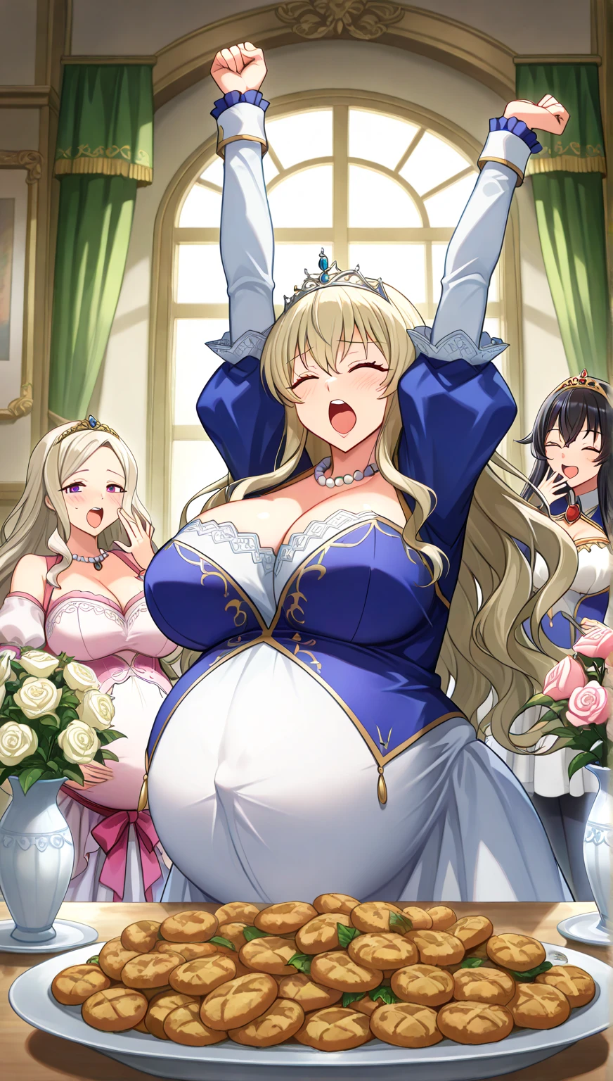 (masterpiece), best quality, ((in gorgeous hall)), (((3girls, pregnant, group photo))), (((queen dress, tiara, hairy armpits hair:1.4))), ((embarrassed smile)), (((sagging gigantic huge tits:1.6))), (sweat:1.3), ((dark brown nipples)), 8k, ultra HD, (detailed eye), noble accessories