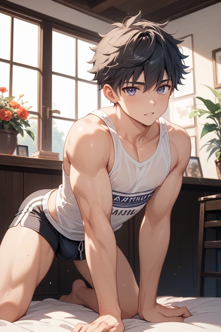 highres,Masterpiece， Best quality at best,Best Quality,hight quality, hight detailed, realistic, photorealistic, Anime style, 1boy, Little Boy, indoor, Cheerful boy, basket uniform,Tank Tops, (show his armpit), boy focus