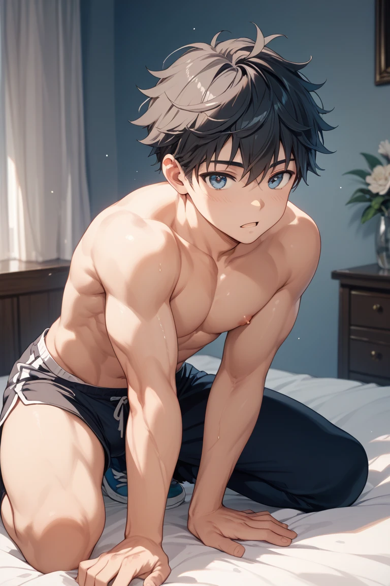 Handsome guy in white socks, abs boy, sunny handsome, anime male protagonist, male high school student, white socks, topless, sports shorts, full body photo, detailed face, bulge, sitting, open legs