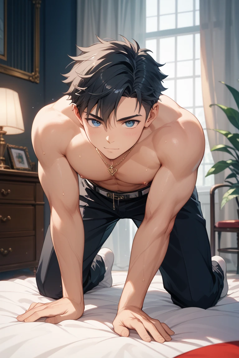 (masterpiece, best quality), 1boy,younge boy,???'s face,Children's faces,Juvenile faces,Lying on a huge amethyst stone,adolable,infancy,Young age,Short round face,Flat chin,Pink briefs,musculous, Short purple hair with a very light color,Heterochromatic eyes in gold and purple, 复杂,Black collar, nakeness, Skinny briefs,Pectoralis abdominal muscles,cleanness,vivd colour,(depth of fields:1.2),(abs),The upper part of the body,looking at viewert,Lying on a huge amethyst stone,Asian people,chineseidol,upperbody closeup,the night,No light source,having fun
