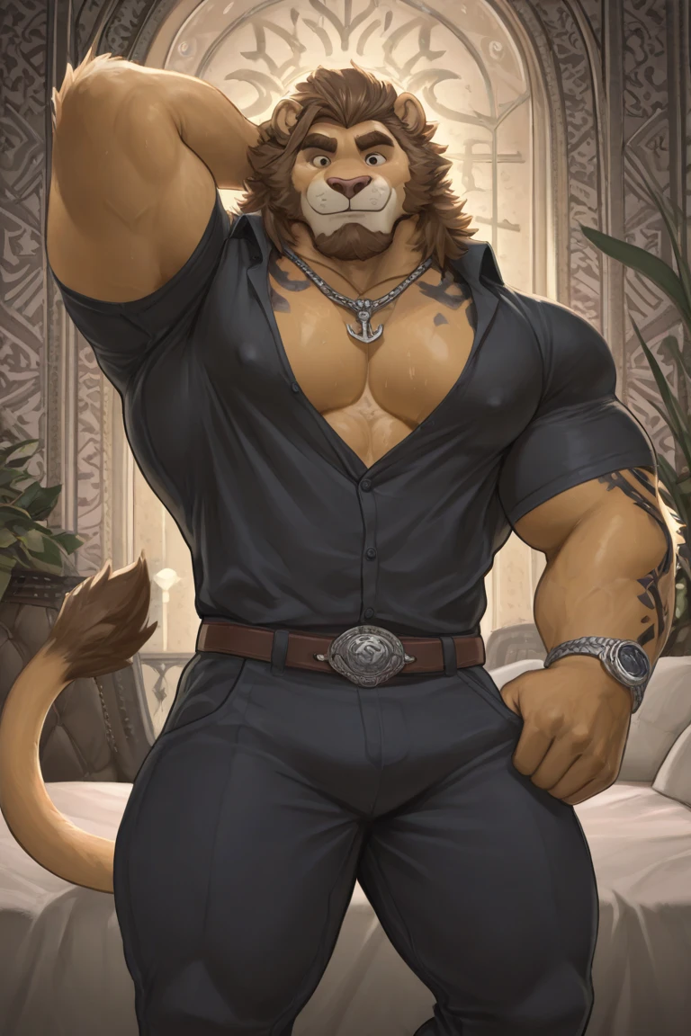 A male lion, long brown hair, femboy looking, femboy, red lips, makeup, feminine looking, wearing a black sleeveless strapless dress, big bulge, man looking like a girl, hd 8k