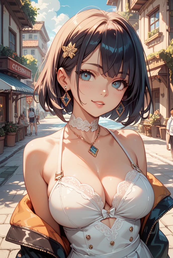 ((Highest quality, 16K, masterpiece: 1.3)), (beauty: 1.2, Slim Abs: 1.2), (Ultra detailed face, Highly detailed lips, Fine grain, double eyelid), (White see-through bikini), 1 female, Short bob woman, One mole on the right breast