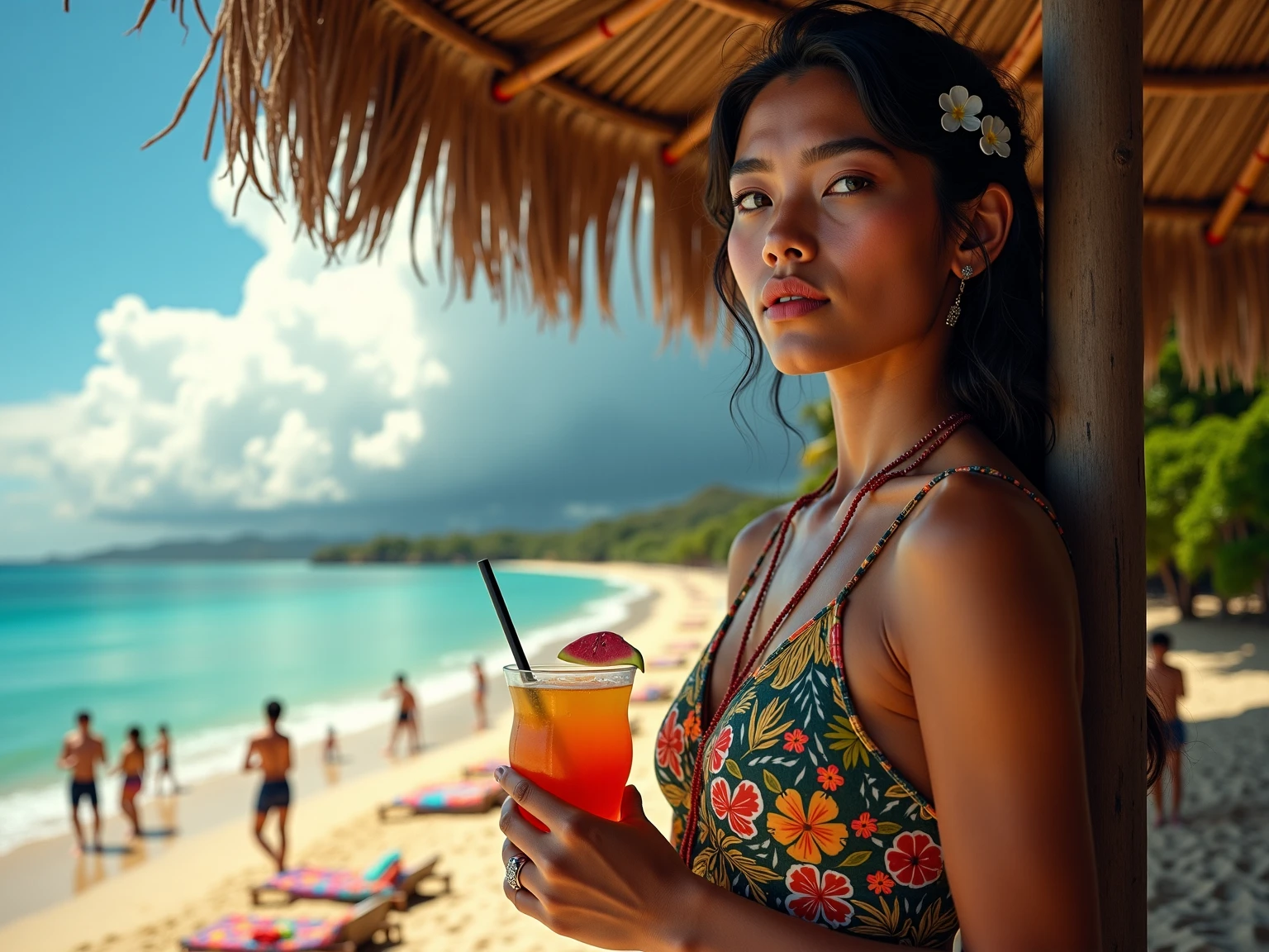 An ultra-realistic portrait of a young woman named anikaxxx, ensuring her face is consistent with previous images. She is sitting on the terrace of a beachside café, holding a glass of orange juice with a natural number of fingers. She is surrounded by a few friends who are also enjoying their drinks. Anikaxxx is looking directly at the camera with a friendly and relaxed expression. The background shows other tables with people, adding to the lively and social atmosphere. The setting includes sun umbrellas, wooden tables, and a view of the beach and ocean. The lighting is natural, highlighting the vibrant and cheerful mood of the scene.