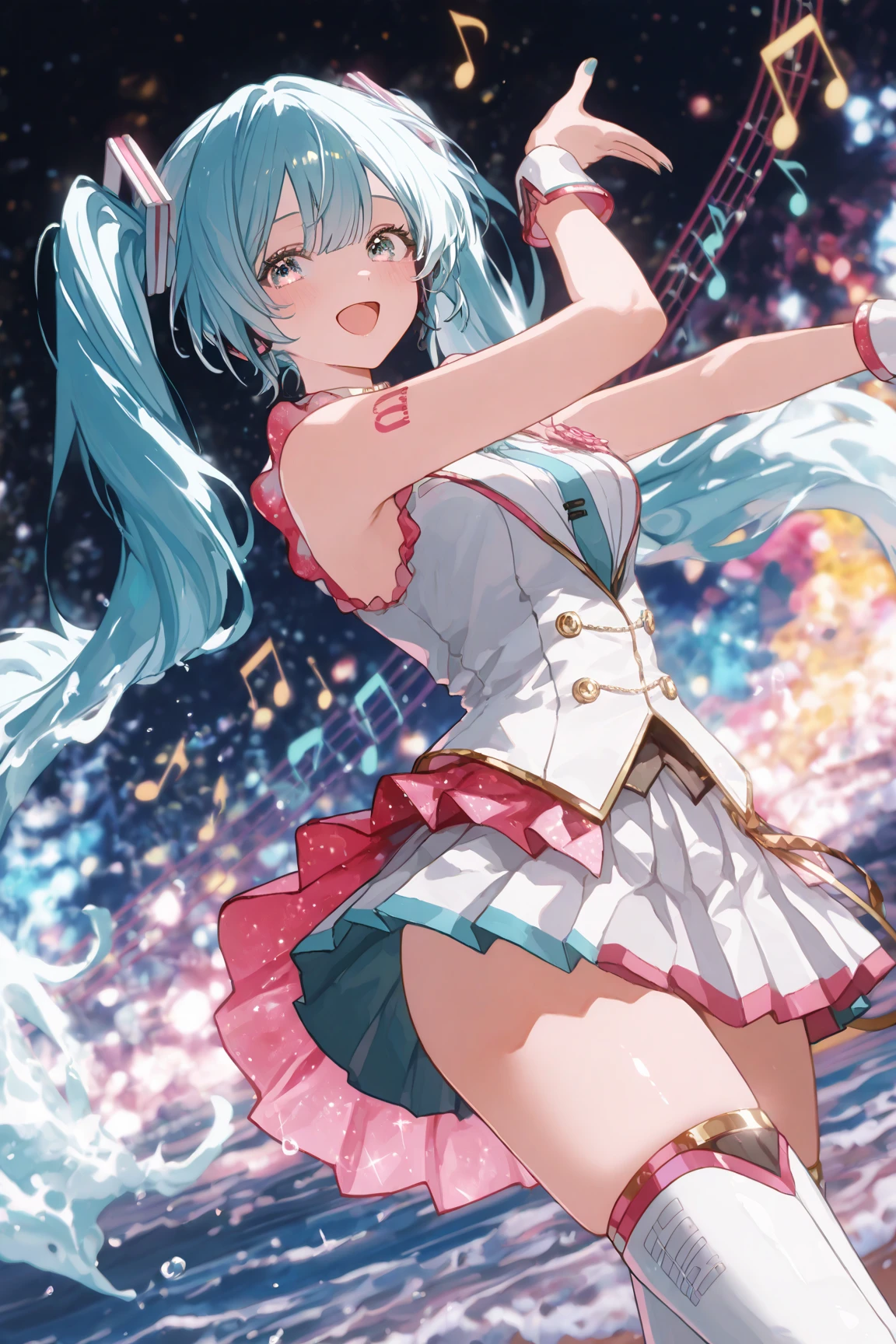 (((Rainbow-colored)))leotard、mini skirt、panty shot、Beautiful Girl Magician、silver hair upstyle、((whole body))、(((photo taken from below)))、magic circle、background is sky