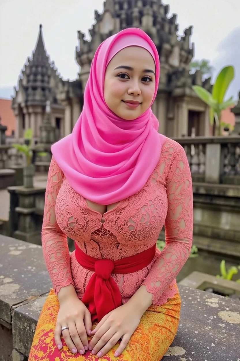 RAW, Best quality, high resolution, Masterpiece: 1.3), Beautiful Malay woman in hijab, Masterpiece, Perfect slim body, (Big breasts), Beautiful big eyes, Soft smile, Masterpiece:1.2, Best quality), Realistic, (Real picture, Intricate details, Depth of field，1 malay girl , modern plain hijab, shy, medium portrait shot , watery eyes ,droopy eyes, watery, lip glossy, horny orgasm face expression, (cleavage) cutout, big breast, wear java wedding woman in kebaya red dress berendra, kebaya lace, flower garden background, bokeh background, proportional body,