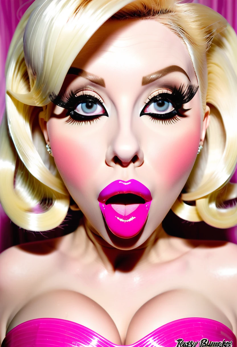 bimbo doll, extreme huge plastic lips, huge eyelashes, pink lipgloss, open mouth, short blonde hair, plastic face