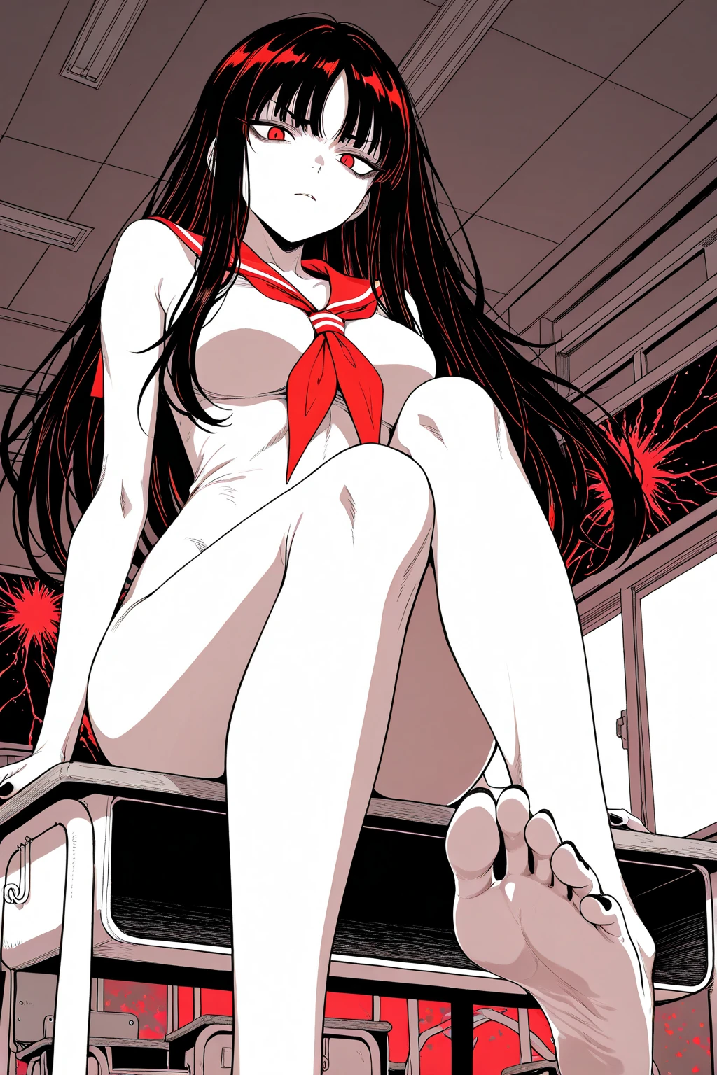 A Female robot is sleeping in forest, spread legs, nude, banzai pose. she wears no dress. She Brown short hair is tied with two big red clothespins, She lifts up the under hem of her white plain dress, leaning over, masterpiece, very short pigtails,brown hair, mature, android, blue eyes, full body figure, Height: 160cm, flushed cheeks, 2020s anime picture, A beautiful robot with short brown hair in two short pigtails held up by two very large huge red clothespins, Uplifting, No NSFW, whole body, barefoot, archaic smile, getting orgasm, 25 years old, sweat bucket.