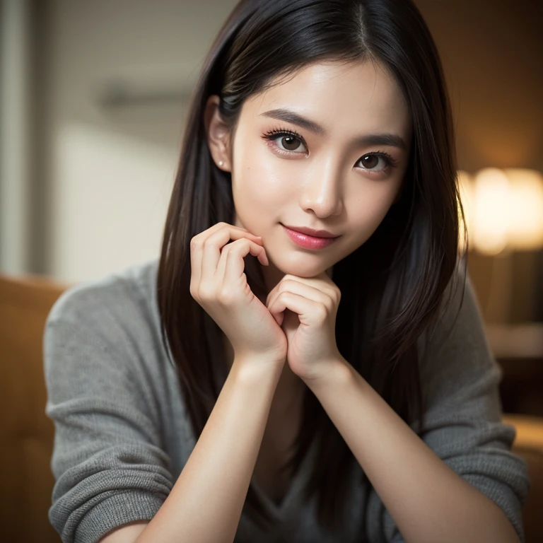on the table, highest quality, realistic, Super detailed, down to the last detail, High resolution, 4k wallpaper, 1 beautiful woman,, light brown messy hair, wore a suit, fix sharp focus, perfect dynamic composition, beautiful and delicate eyes, delicate hair, 细致realistic的皮肤纹理, smile, close-up portrait, model body shape
