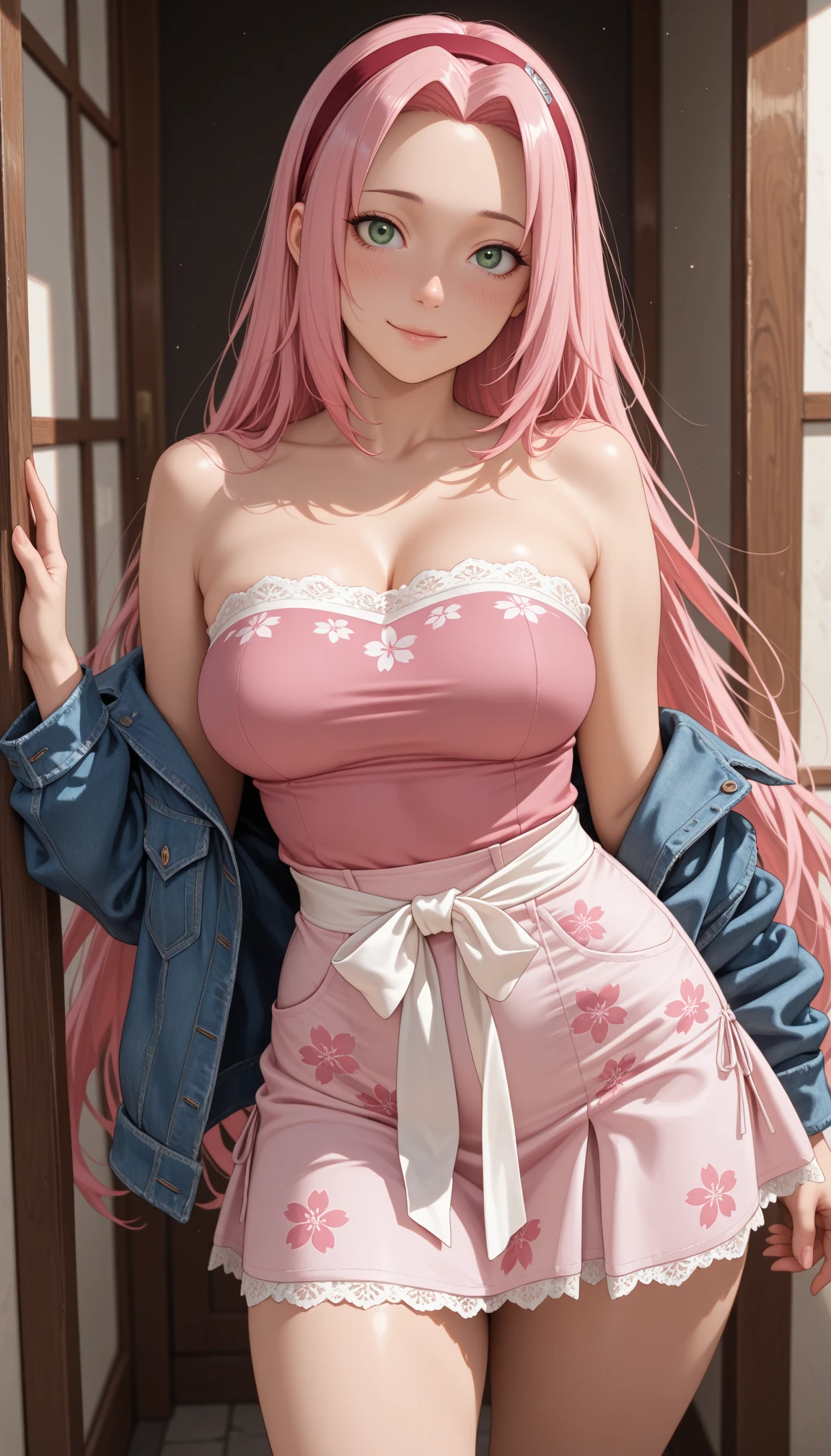 woman((35 years old)), hair((wavy, length, ivory, ivory pink)), eye((big eye, blue eye)), Clothes((shirt, pattern)), accessories((hair clip)), huge breasts, big bust, Korean makeup look, smile, petal, blank background, white background,