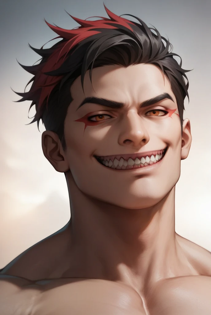 absurdres, highres, ultra detailed, HDR, master piece, best quality, extremely detailed, Tanaka Gundham, black hair, expressive red eyes, Danganronpa, solo, sexy man, handsome, handsome smile, sensual, toned chest, bare chest, horny, fantasy, island, sea, beach