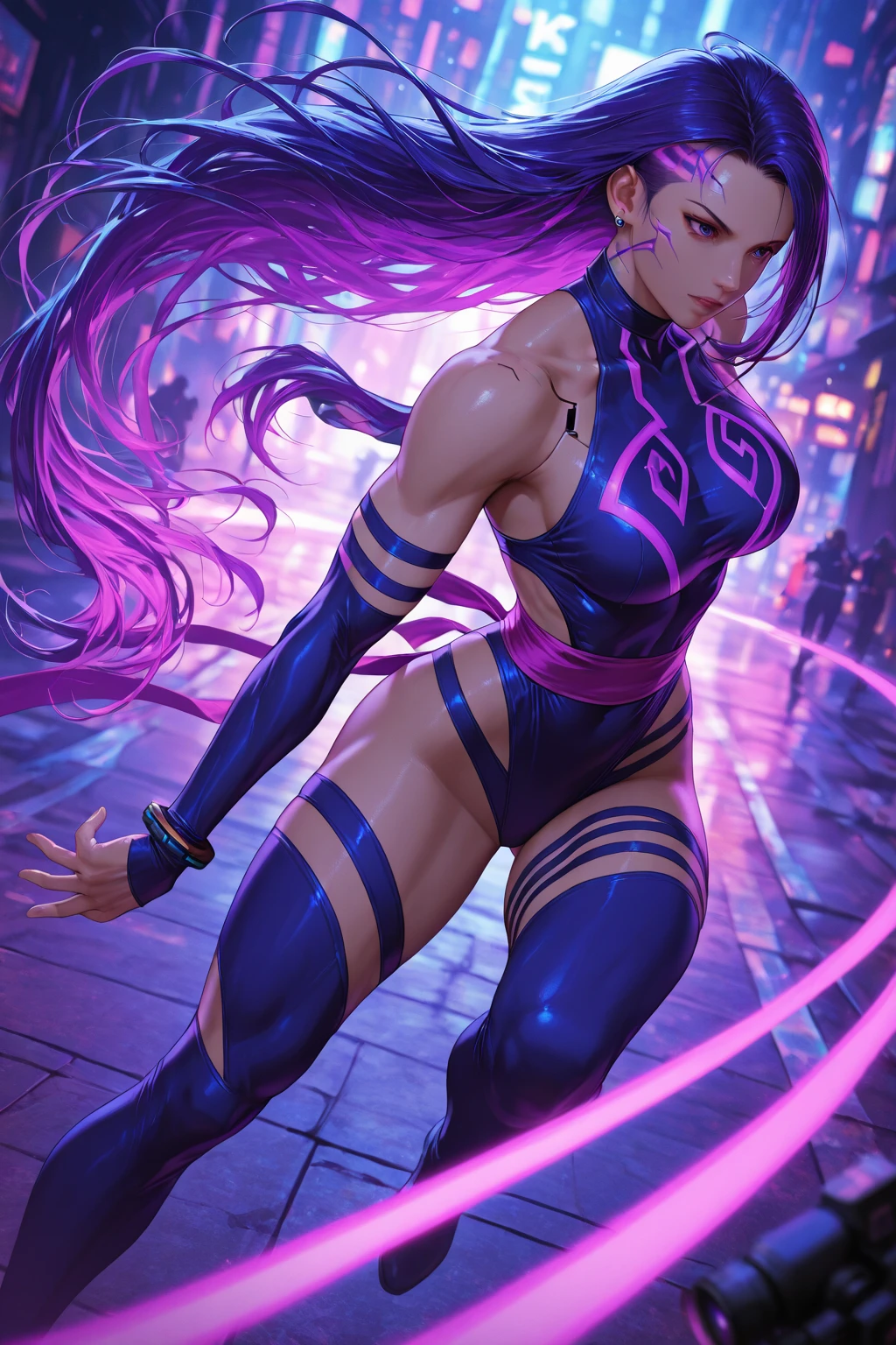 Create an imposing woman with a voluptuous and muscular body, exuding both raw strength and combative grace. She should have long, vibrant pink hair cascading in wild waves, enhancing her fierce and untamed look. Her attire should be dark, similar to Sukuna's, tightly fitting her powerful physique. The clothing should have detailed contours and forms reminiscent of Baiken's armor, blending tradition with menace.

Her skin should be marked with tattoos and cursed marks, symbolizing deep and terrifying power, reflecting her mastery over dark arts. Her face should be partially covered by a mask similar to Sukuna's, giving her an aura of mystery and danger. She has four eyes, with one covered by an eyepatch, suggesting a battle-hardened experience and a past that has forged her into an unstoppable queen.

In one of her four hands, she should hold a katana, ready to unleash her fury. The overall appearance should be fearsome, presenting her as the queen of curses, a figure who knows no rival. The drawing should closely resemble the art style of Jujutsu Kaisen, with sharp, detailed lines and a dark, ominous atmosphere. High resolution with detailed textures and vibrant colors.