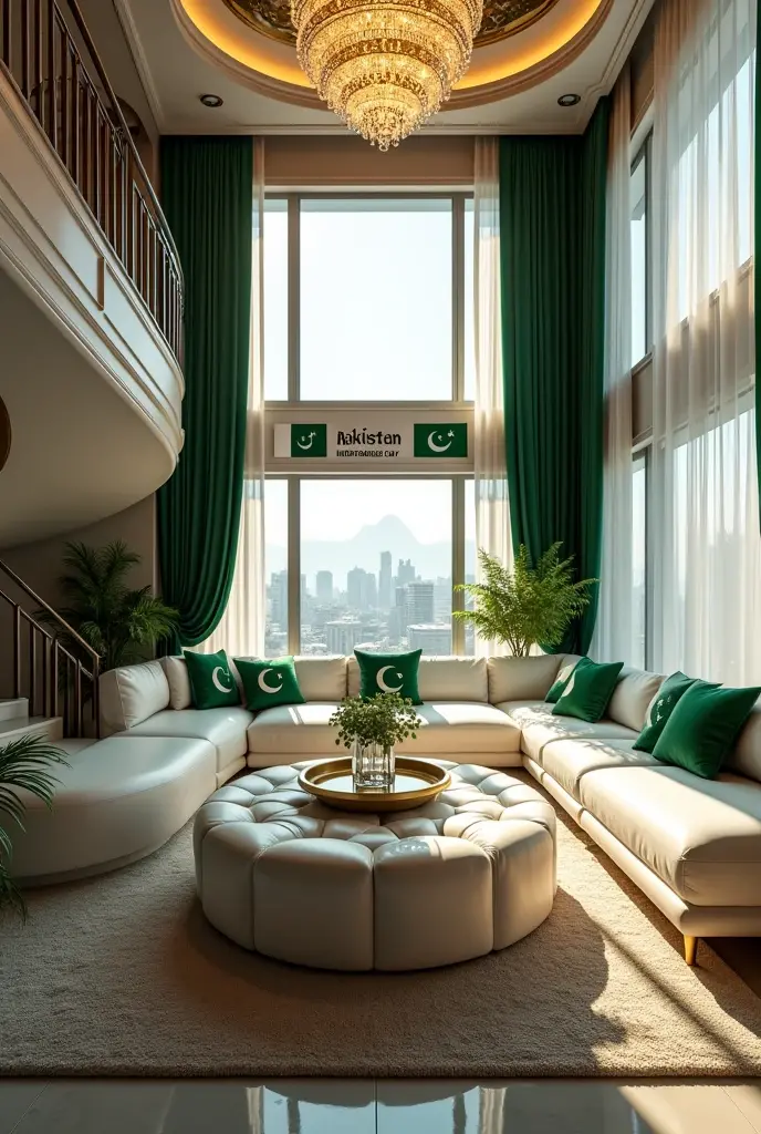 "A luxurious, modern living room with a stunning double-height ceiling, featuring a grand, spiral staircase that curves elegantly upwards. The space is illuminated by a large, sparkling chandelier that hangs from the intricate ceiling, casting a soft, ambient glow. Floor-to-ceiling windows allow natural light to flood the room, highlighting the plush white sectional sofa and the circular tufted ottoman placed on a cozy, textured rug.For 14th August, the room is decorated with green and white accents. Pakistani flags are draped over the balcony railing, and small flag-themed cushions are added to the sofa. The windows are adorned with delicate green and white curtains, and a banner celebrating 'Pakistan Independence Day' is elegantly hung across the large windows. Soft green and white lights are intertwined with the existing lighting to enhance the festive atmosphere, creating a perfect blend of elegance and patriotism."