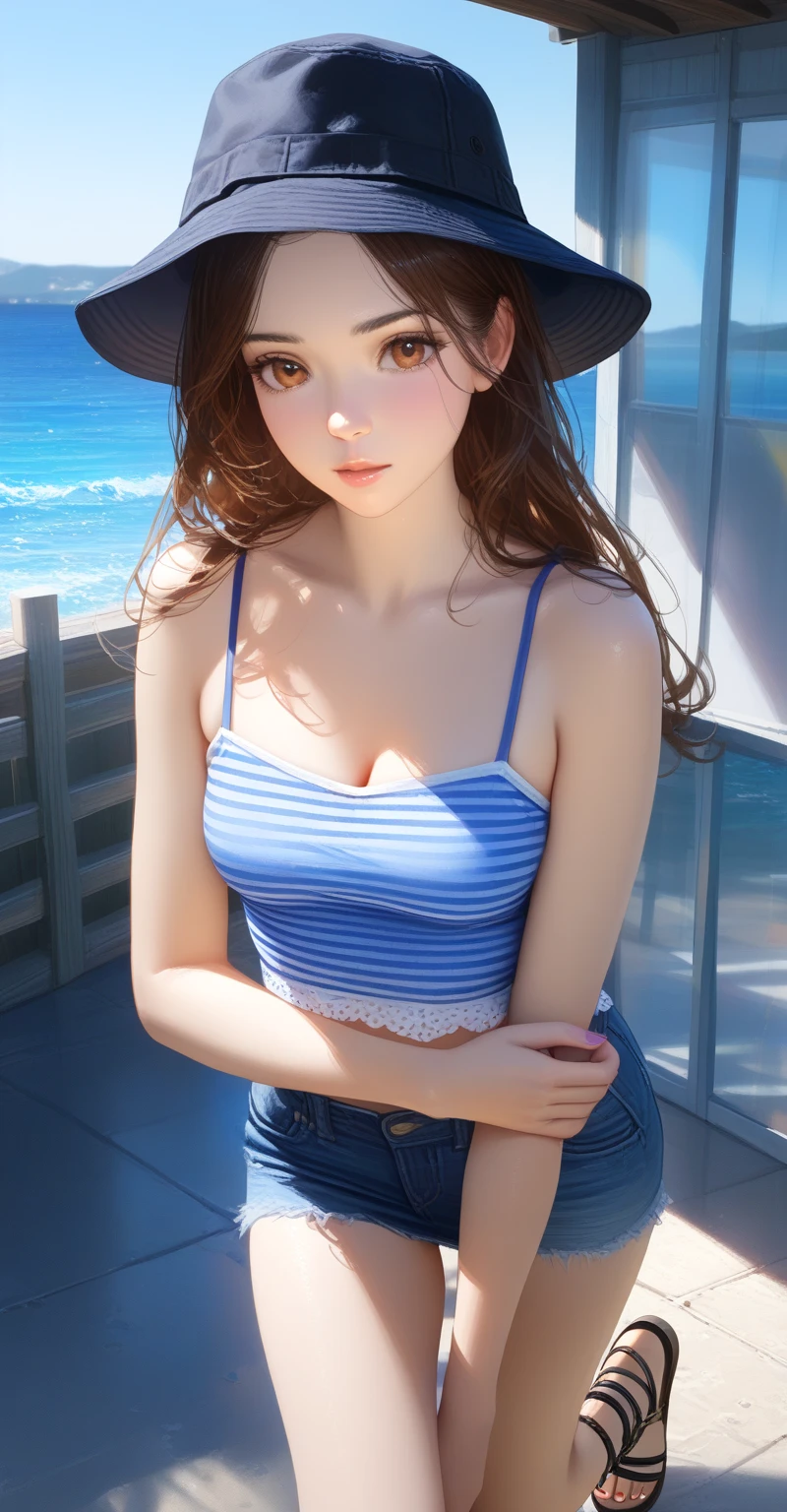 ((Extremely exposed))(High-definition image quality)極Realistic skin texture、High definition face(brown、Very long straight hair、Hair behind the ear、Beautiful moist brown hair、Smooth Hair)((Bright smile))、Gaze(sexyな25歳の女の子、Idol Makeup、Eyeliner)(Fair skin)(Sparkling eyes)Smooth Skin、Realistic skin texture ((Oversized T-shirt、Short length、Cleavage) ((Extremely short denim miniskirt、damage、Super tight、small、Ultra low rise、Panty lines))))A well-proportioned and perfect body、Beautiful armpits、On the position of the chest、Round big breasts、Beautiful valley、Ultra-thin waist、Waistline、Long legs、Glitter High Heels((((Seaside cafe during the day、Sit with your legs apart、Erotic))))(((((Medium full shot from below、sexy))))))Eroticティックで大胆なポーズ、