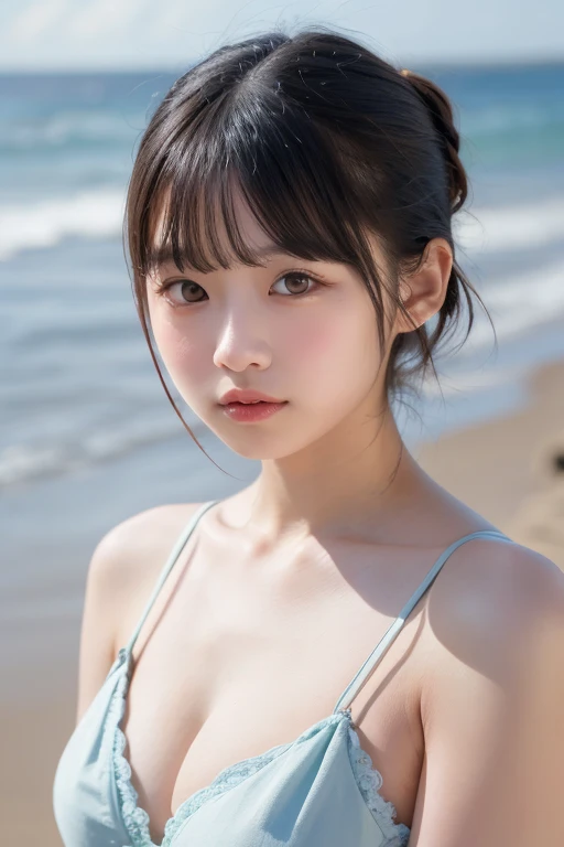 Tabletop, Highest quality, figure, Super detailed, In detail, High resolution, 8k wallpaper, Perfect dynamic composition, Beautiful attention to detail, Random color bikini, Random cute hairstyles, Medium chest, Natural color lip,Beach, Random and cute poses,