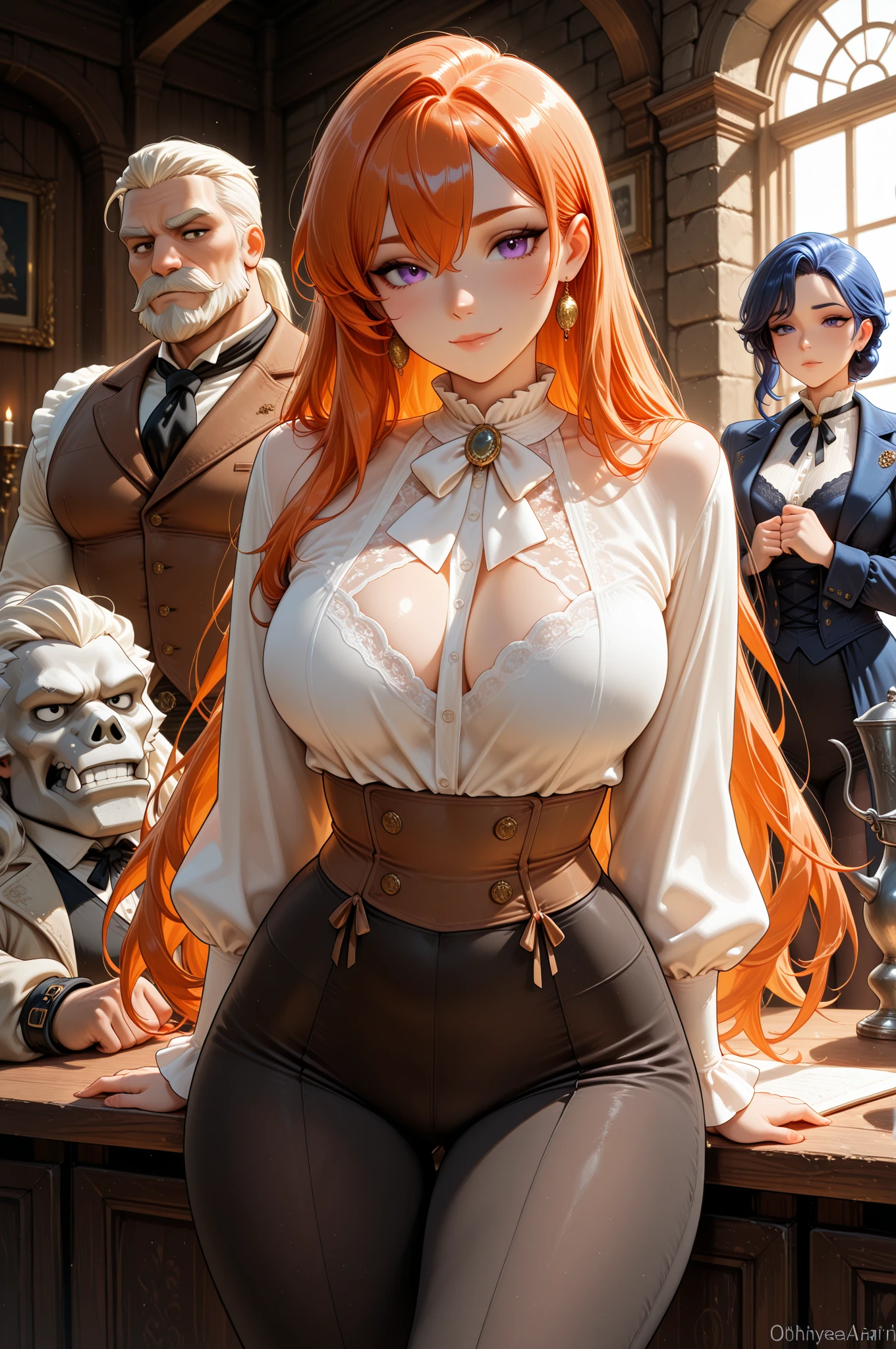 Full body image, ((Princess Zelda in maid outfit and several men around her)) within one meter, Anime style, Mortal Kombat, maximum quality, maximum resolution, maximum sharpness. She has huge breasts, red hair, light brown eyes, her outfit is a black shirt with a white shot and a white corset. They are groping her in different ways. She is happy with a beautiful smile.