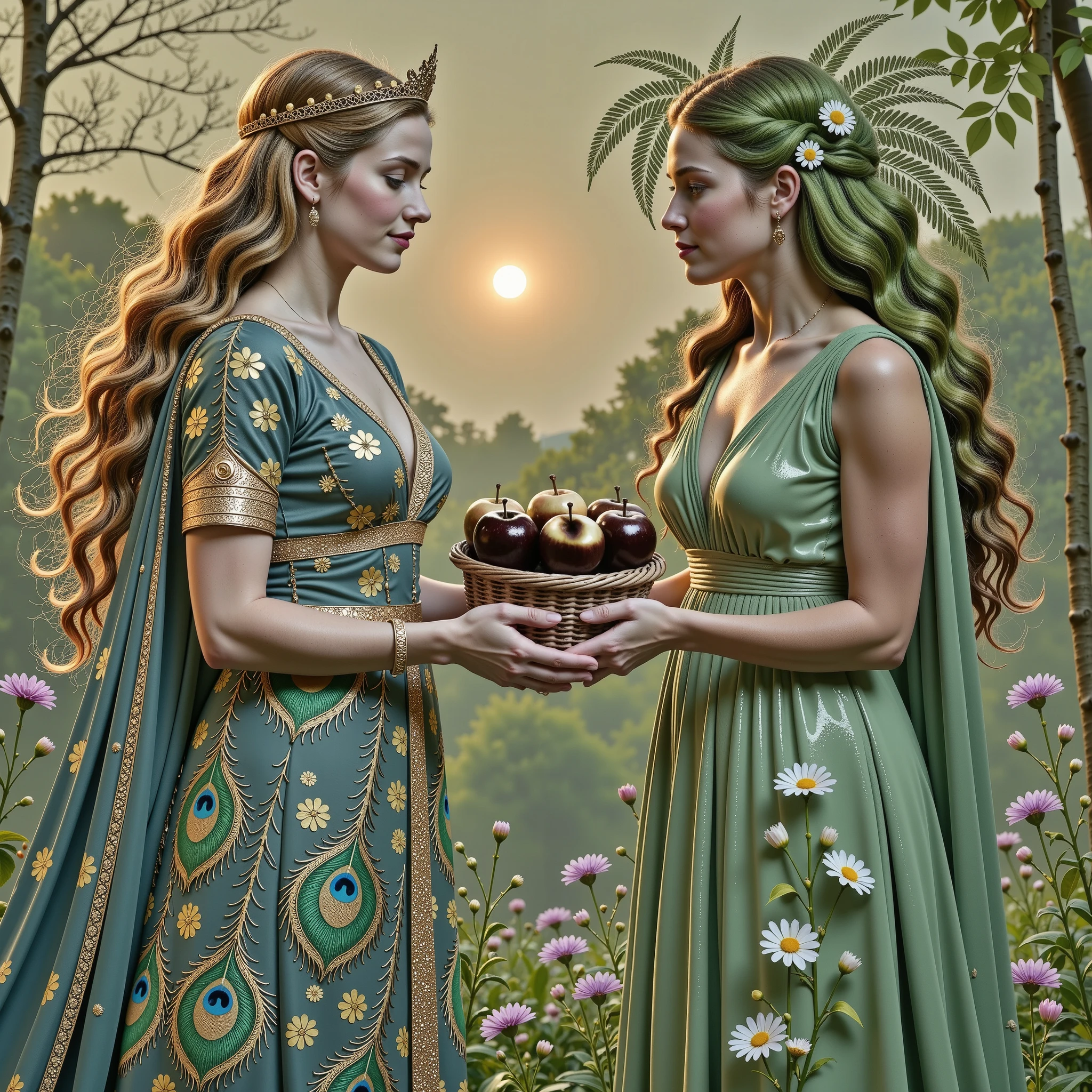 In a celestial garden bathed in soft golden light, Hera, Queen of the Gods, and Gaia, Titan of Earth, stand face to face with regal elegance and equal stature. Hera wears a flowing royal gown adorned with peacock feathers and gold embroidery, exuding divine authority. Gaia is dressed in a flowing robe, her verdant hair intertwined with blooming flowers. Between them, Gaia offers Hera a woven basket of golden apples, glowing with ethereal power. Their expressions are warm and solemn, personifying cosmic harmony.
Mist swirls gently at their feet. The interplay of light and shadow enhances the emotional depth and divine serenity. Style: cinematic realism with Renaissance elegance, rich detail, and harmonious composition.