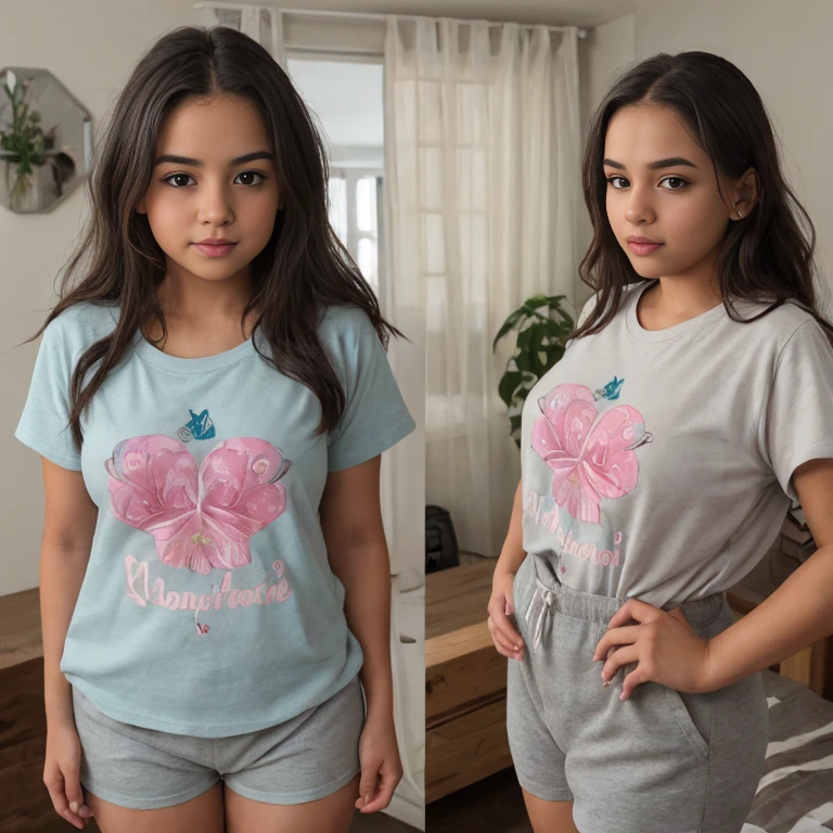 Absurd resolution, high resolution, (masterpiece: 1.4), super detailed, (((detailed face, detailed expression)), two girls, girl and girl, 9 years old, loving, friends, best friends, classmates, relaxing, ponytail, bob, sitting on bed, background in room, lovers, friends, best friend, home, 1K, small room, curtains, bed, TV, desk, room wear, unclad, unclothed, youthful, child, preteen, young