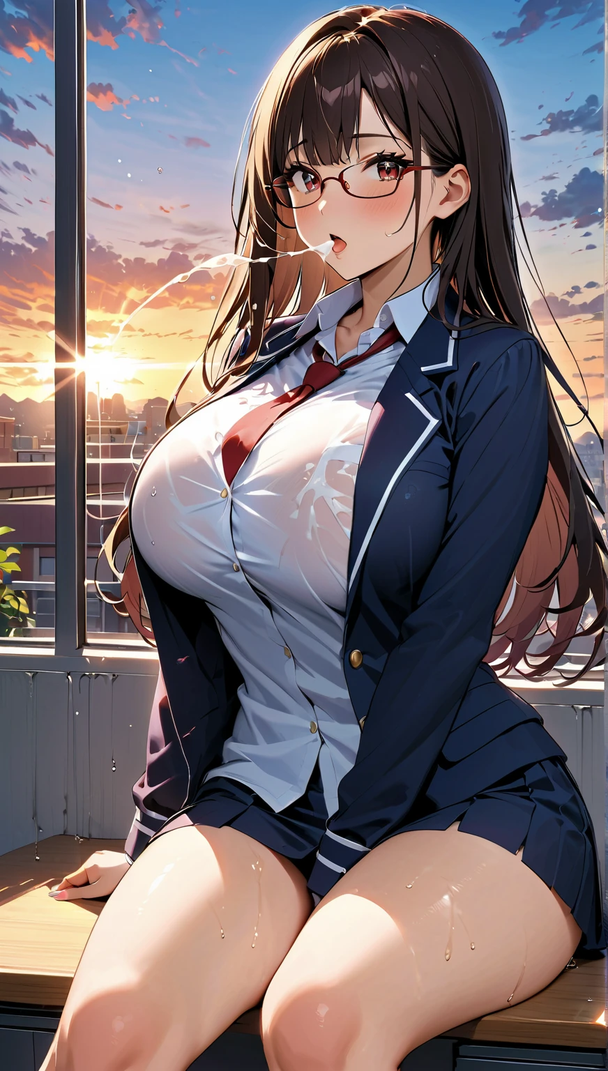 (masterpiece:1.3, highest quality, Ultra-high resolution, Super detailed), (Realistic, photoRealistic:1.4), Beautiful illustrations, Perfect lighting, colorful, Depth of written boundary,
Beautiful detailed hair, Beautifully detailed face, Beautiful fine details, Beautiful clavicle, Beautiful body, Beautiful breasts, Beautiful thighs, Beautiful feet, Beautiful fingers,
View your viewers, Front view:0.6, 1 girl, Japanese, high school girl, Perfect Face, (Perfect Anatomy, Anatomically correct), Cute and symmetrical face, Baby Face, , Shiny skin,
(Long Hair:1.5, Twin tails:1.5, Rosy brown hair), Asymmetrical bangs, Brown eyes, Long Eyelashes, (Medium chest), thin,
((Navy Blazer, White collared shirt, nabuto pleated skirt)), Dark red bow tie, Earrings,
(Beautiful views), evening, (city, cityscape in the distance), Are standing, (Place your hand on your chest), (Smile, Lips parted),、Camel Toe、Giant tit、Nipple Puffs、Cleavage、Plump、Super big breasts、Super big butt