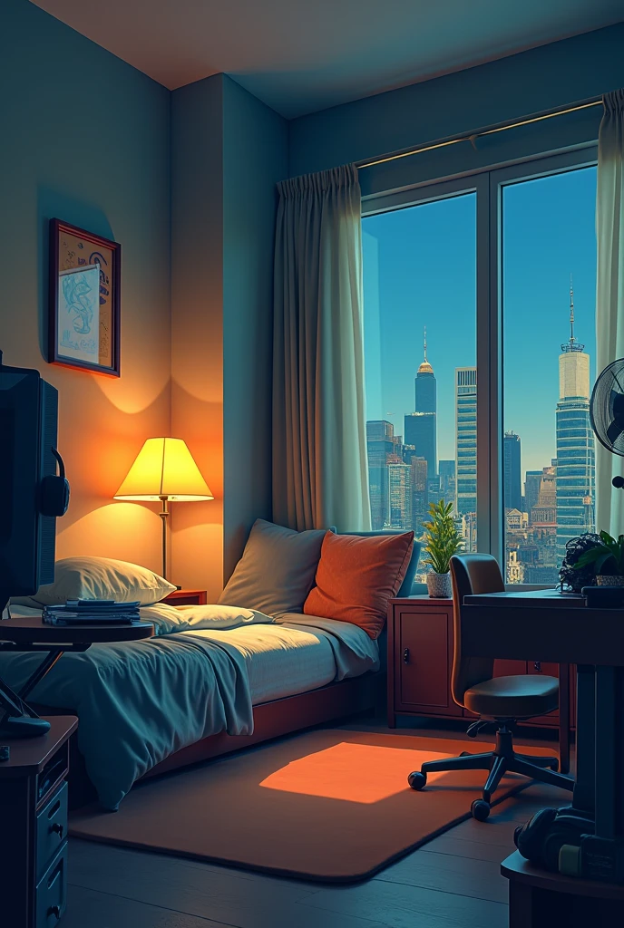Inside a quiet studio apartment. There is a subtle light flowing and it is on the bed. There is a window in front of you that you can see outside, and you can see the view reflected in the moonlight. There is a desk under the window and cute props are arranged. --auto --s2