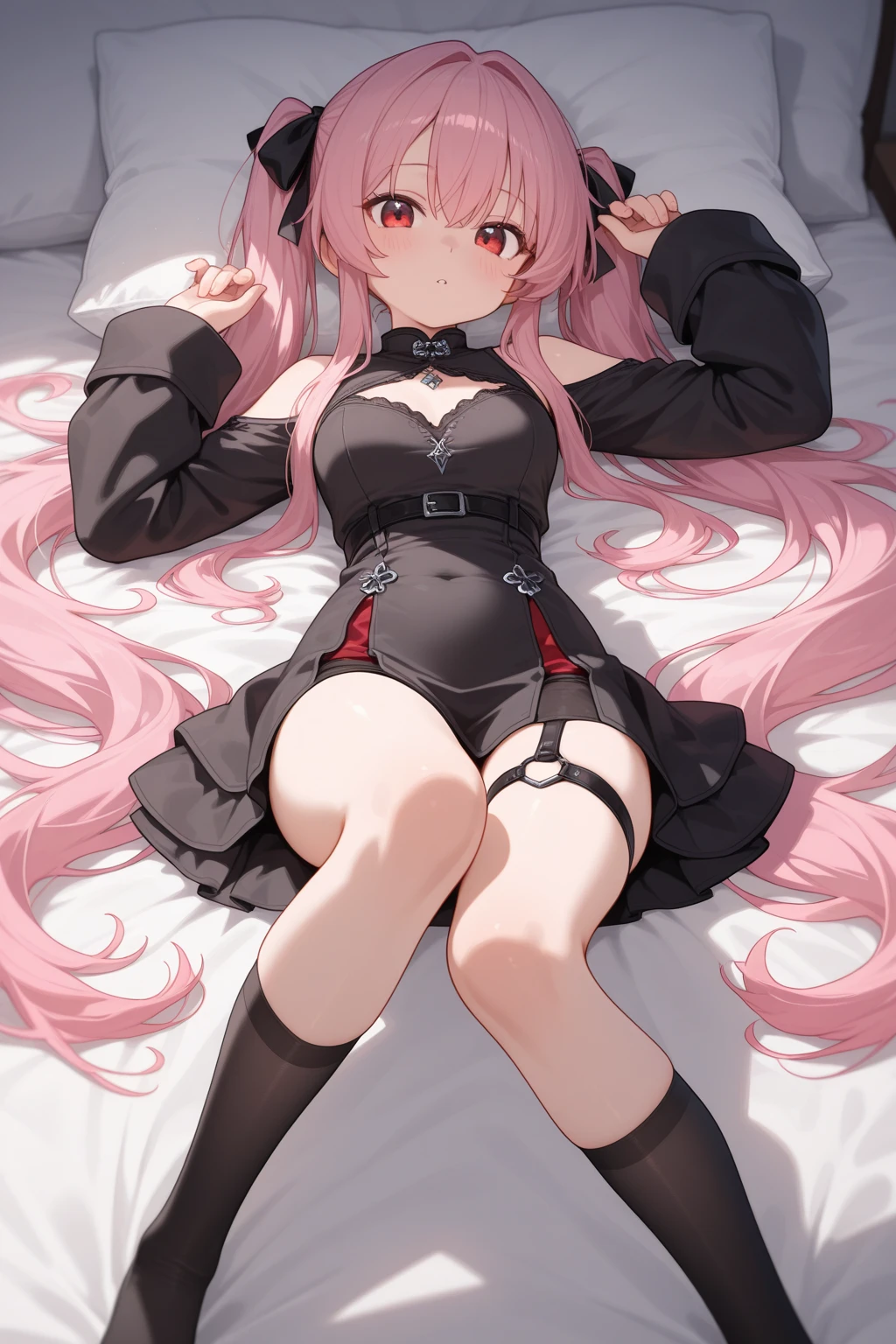 masterpiece, best quality, absurdres, perfect anatomy, IrysUnderwear, heterochromia, long hair, black dress, sleeveless dress, short dress, purple thighhighs, gradient legwear, lying, on bed, on back, embarrassed, blush, parted lips, <lora:Irys:1>