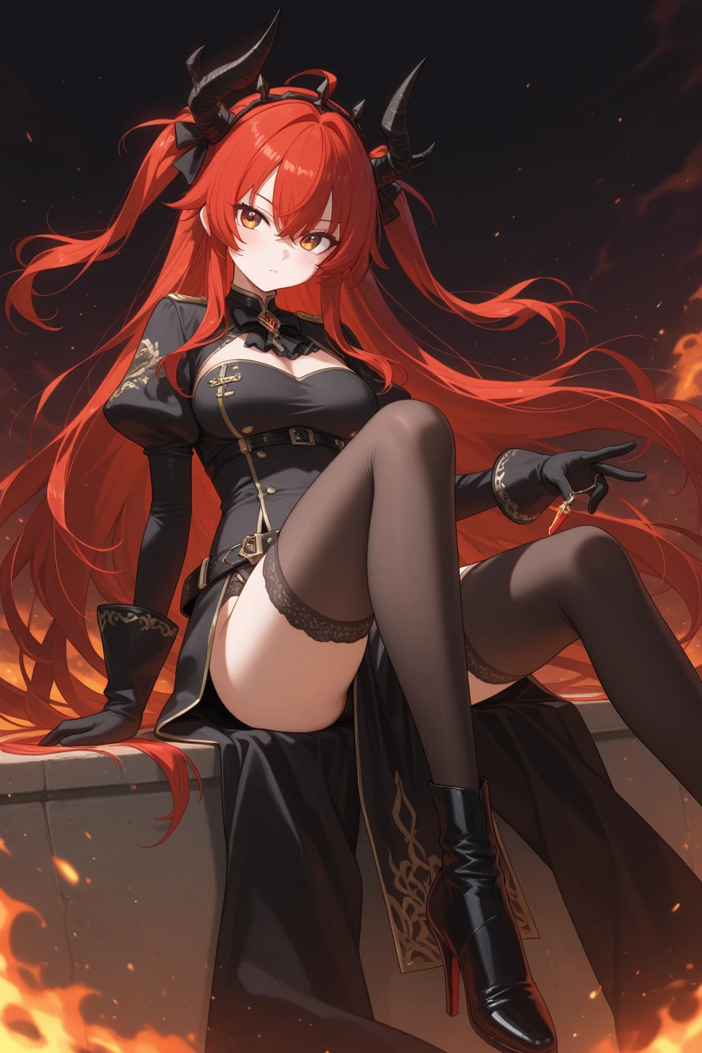 (red-crimson hair) elf ears, freckles, Adult woman, sculpted body, Super detailed hand, super detailed face, Hyper detailed body, (emerald green eyes), Big breasts, concentrated eyes, Quite detailed eyes, pale skin, Flushed face, (( in a long black Chinese dress)), Body hair longo, Body hair (connected), serious expression, Frowning eyes, partes do full body, Whole limbs, ((full body)), Gorgeous fur, A high resolution, 4K, Thin waist, small foot, role model, best quality specialist,  (long black sock), good lighting, simple background, darkness background