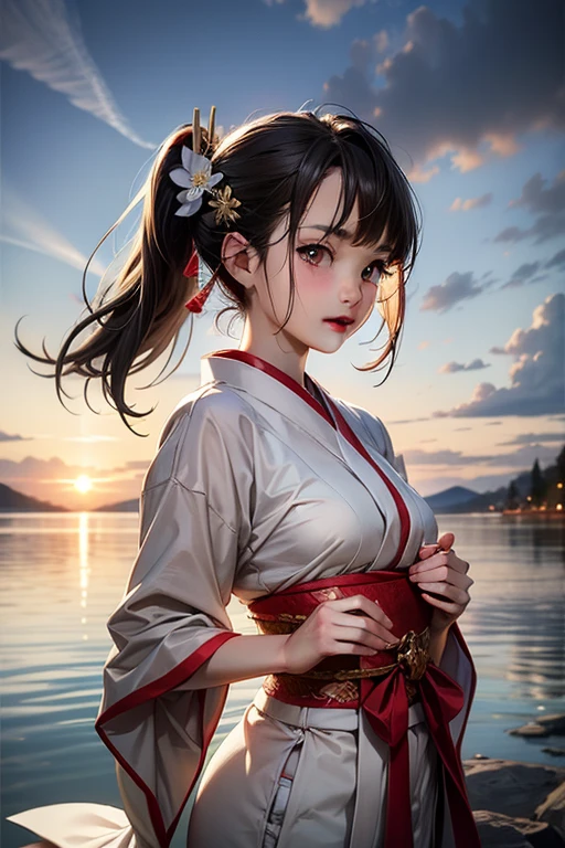 (((highest quality))), (8k, 32k, masterpiece, Ultra-high resolution:1.2),Beautiful Japanese Women Photos, One girl, alone, Flower pattern kimono, whole body, Ultra HD, real, (Beautiful Face 1.4 Maidens), (Medium Milk, Narrow waist), Bokeh, micron, Glowing Skin, head, Natural Makeup, From the back, Starry Sky, Waterfront