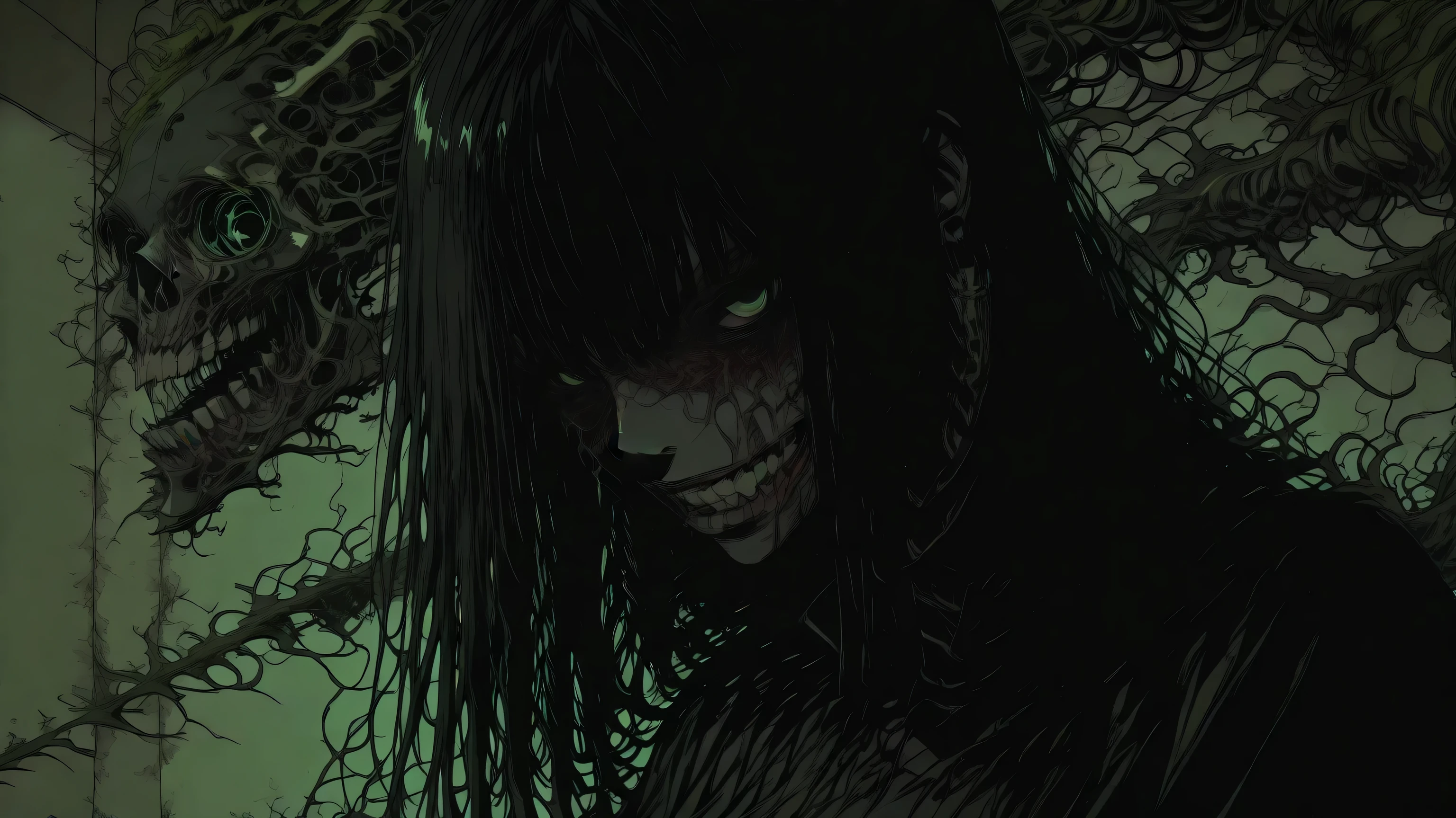 ,bioluminescent night wood phantoms, moody vhs horror vibe spooky cool wallpaper with UHd effect