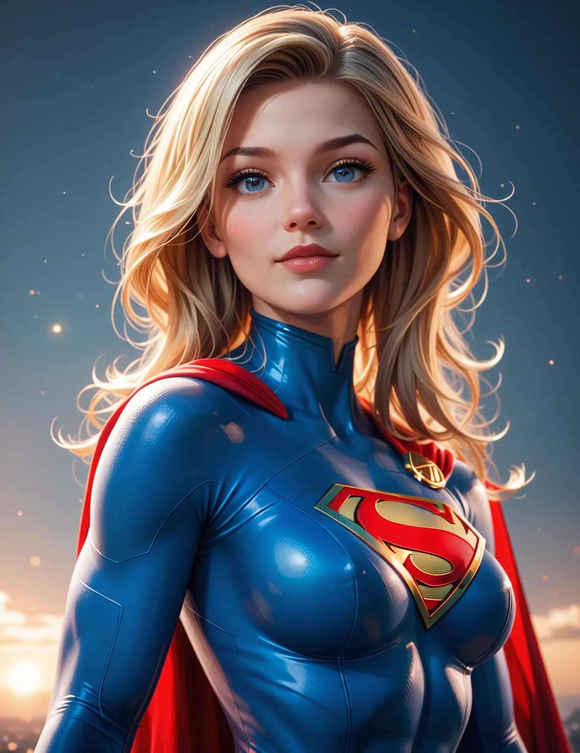Supergirl, extremely beautiful blue eyes, perfect blond hair, perfect armor suit, planet's in the background, rec cape, seductive smile
