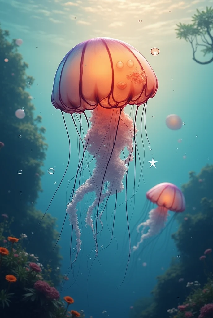 8k wallpaper,Bright style,rainbowing,Crystal clear jellyfish,sandbeach,with light glowing,rays of sunshine,