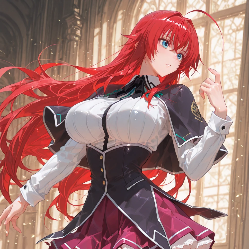 A beautiful female knight with red hair and semi-long hair is fighting a long-necked demon by a magical spring. She is fluttering her mini-skirt and trying to swing her sword. She is adorably cute and has outstanding style. She has beautiful breasts, a slender waist, and is full of charm. Glassy shards of magical light dance around her.