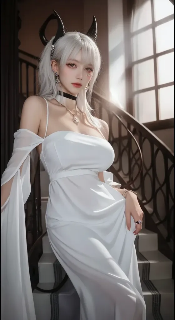 (best quality:1.2, masterpiece:1.2), (photo realistic:1.3), ultra detailed, highres, UHD, extremely detailed CG unity 16k wallpaper, absurdres, (realistic skin, detailed skin, shiny skin, cinematic lighting, best shadows), (perfect anatomy:1.5), (detailed background), (glowing eyes, glossy lips),
BREAK
XUER Dark girl,1girl,solo,breasts,looking at viewer,white hair,dress,holding,bare shoulders,medium breasts,closed mouth,standing,collarbone,weapon,choker,medium hair,holding weapon,hair over one eye,blurry,black dress,lips,strapless,tattoo,depth of field,blurry background,gauntlets,arm tattoo,mechanical arms,single mechanical arm,prosthesis,leg tattoo,