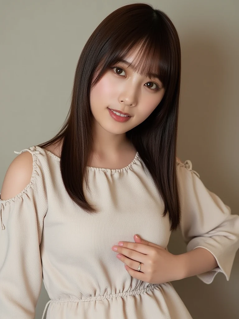 (very realistic pictures, High resolution, detailed face, fine eyes), ((Taken in front of a white wall))、japanese woman, 40 years old, various expressions, alone:1, slim body shape, various hairstyles, casual clothes, Only one person is in the photo、long sleeve dress、Photographed in natural light、simple necklace、spring clothes、Don'don't look at the camera、profile、pink brown hair color、bob hair
