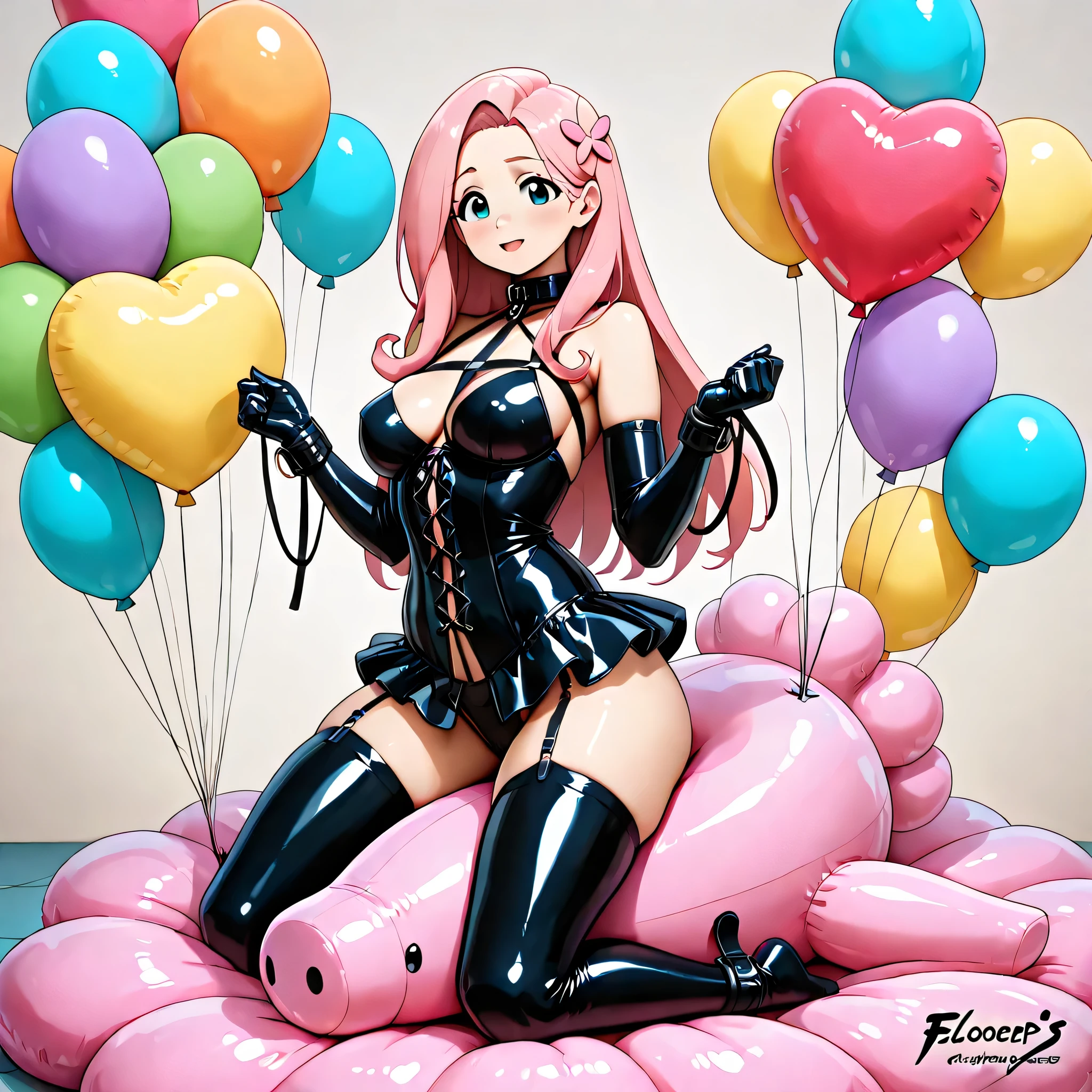 there is a woman in a latex outfit posing in front of a bunch of balloons, vi from league of legends, rendered in sfm, 8k high quality detailed art, 3d anime girl, anime girl in a maid costume, anime styled 3d, render of a cute 3d anime girl, a sexy maid in a magical forest, anime barbie in white stockings