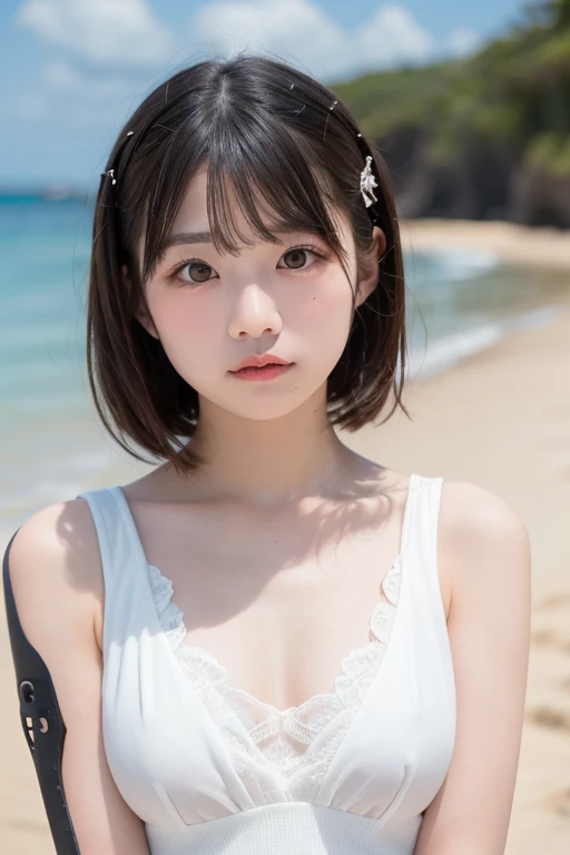 score_9,score_8_superior,score_7_superior,8K, High resolution, 5 years old、beautiful girl, bright black hair, Thin Hair, Small face, cute、Highest quality,Japanese face、small mole on the corner of the eye,((Puffy eyes))、(superior目づかい)、Short Bob、Look at the opponent、Beach、口角superiorがる、Beautiful legs、Flower Hair Ornaments、sexy、Sensual、Blushing
