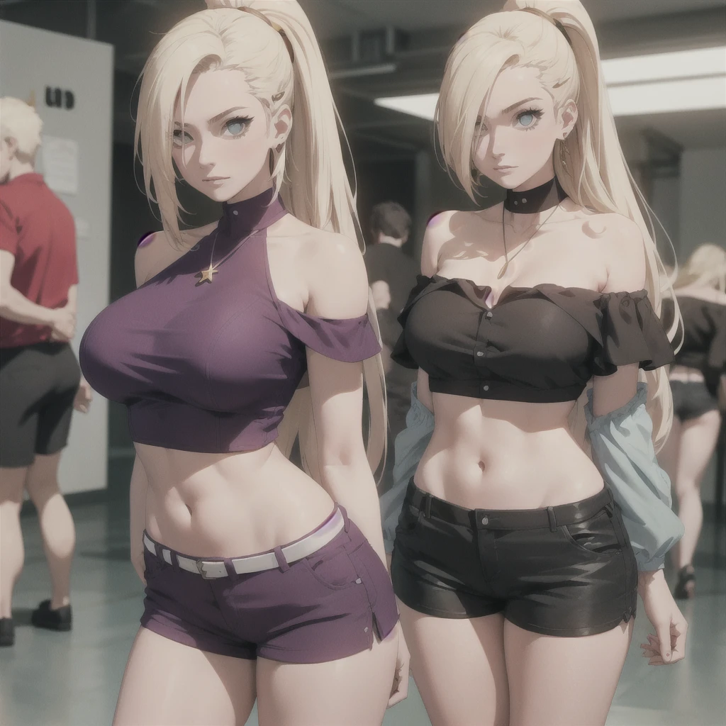 （tmasterpiece）， （best qualtiy）， 8K分辨率， ultra - detailed， photorealestic， photore， femele， with short white hair，Eight-pack abs，Expose abs，body builder，Toned arms，3DMM style，Green super sexy super high fork super deep V three-point one-piece swimsuit，The thighs appear in the picture，Body facing the camera，arms stretched wide，She has huge, full breasts，Incredibly large and firm breasts，Two women，Light shines from the front