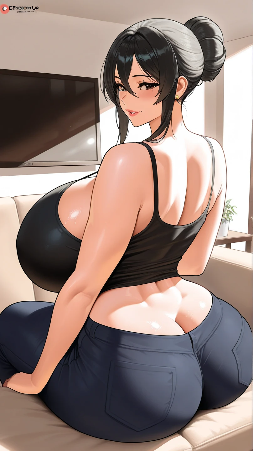 nanao yukiji style, greyscale, manga, milf, 1girl, solo, blushing, black hair, short hair, tomboy, huge breasts, bouncy breasts, big ass, racing swimsuit, holding whistle, indoors, school pool in background, back view
