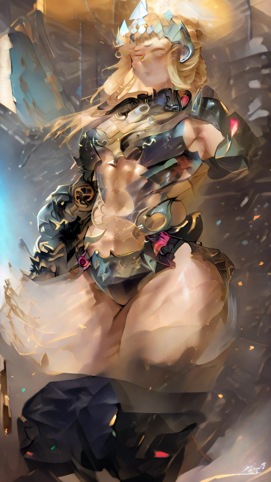 Beautiful woman detailed defined body using Skimpy leather armor with a sabre on the hand , medium breasts, (visible ) , dark blue hair with red highlights, dark red lipstick, green eyes, Nipple transparent trought costume