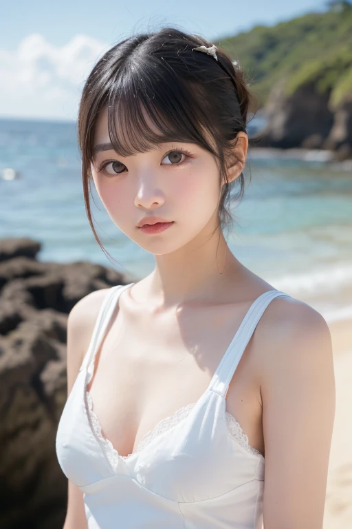 (8k),(masterpiece),(High resolution),(Realistic:1.4),Japanese,(15-year-old girl),Childish:1.3,((Innocent look)),Pure,from the front,(smile),((cute)),((超cute)),Innocent,Kind eyes,((Double Eyes)),(Dark Eyes),Beautiful eye and skin details,(Realistic skin texture:1.3),(((High nose:1.3))),White camisole dress,Her clothes are transparent and her skin is visible,(Clothes are see-through and nipples are visible),Décolletage,((Embarrassing:1.5)),((Shy:1.5)),Blushing,Black Hair,Child body type:1.5,(Slender),summer,noon,bright,Tottori Sand Dunes,Straw hat,flat chest:1.5