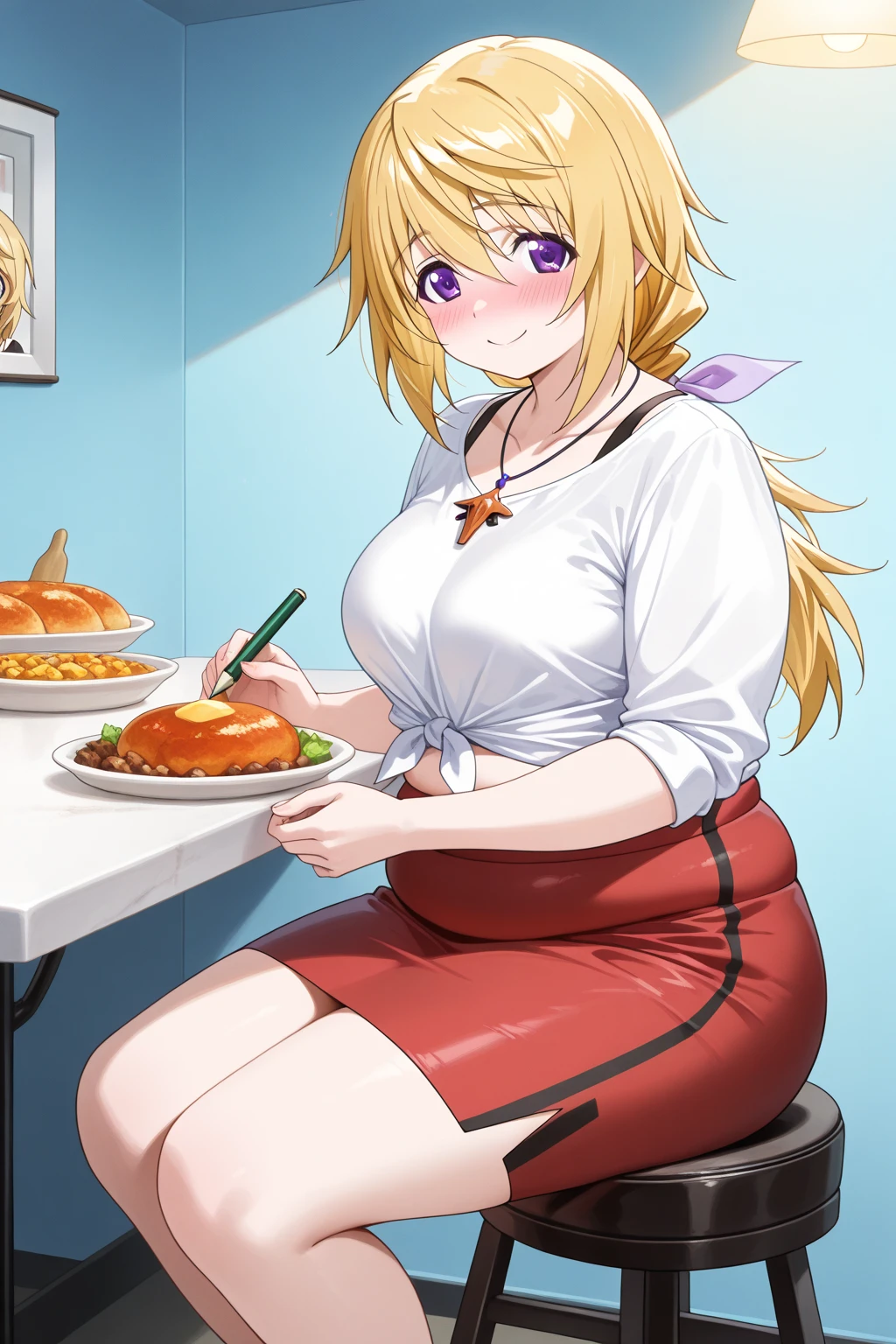 4K, hig quality, obese shinobuYoung, masterpiece, best quality, absurdres, obese 1girl, big cheeks, blonde hair, yellow golden eyes, solo, classroom, night, flat breasts, desk, obese loli, round table, sitting, looking away, bare shoulders, sundress, white dress, strap slip, clavicle, (viewed from above:1.1), (expressionless:1.1), eating donuts, see-through, (checkered floor:1.5), (knee up:1.3)