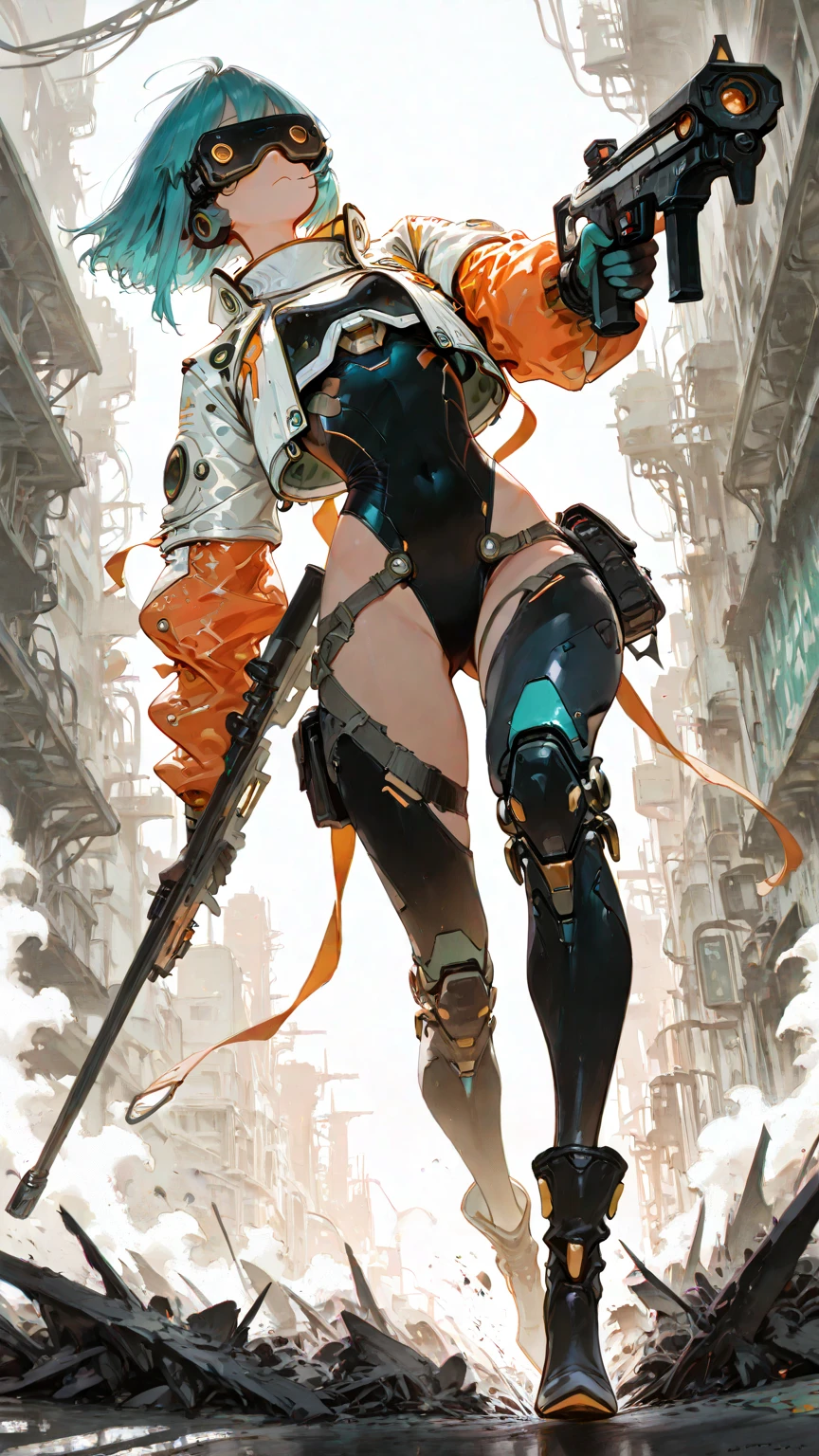 masterpiece, best quality,CG,UHD,1girl,SOLO,, ,multicolored hair,  (,side lighting, lustrous skin), (beautiful detailed eyes),, disheveled hair,tactical, (Half Mask Respirators:0.85),  see-through bright orange bodysuit under jacket,(medium Breasts:1.3),(covered nipples:0.8),looking at viewer,simple background,